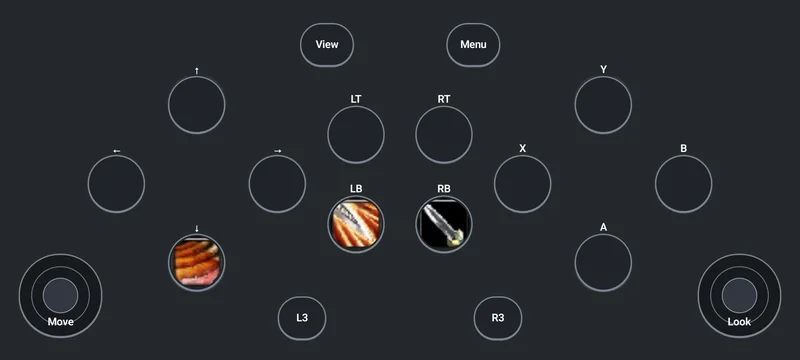 Thumble phone controller layout preview with circular buttons and movement and camera sticks