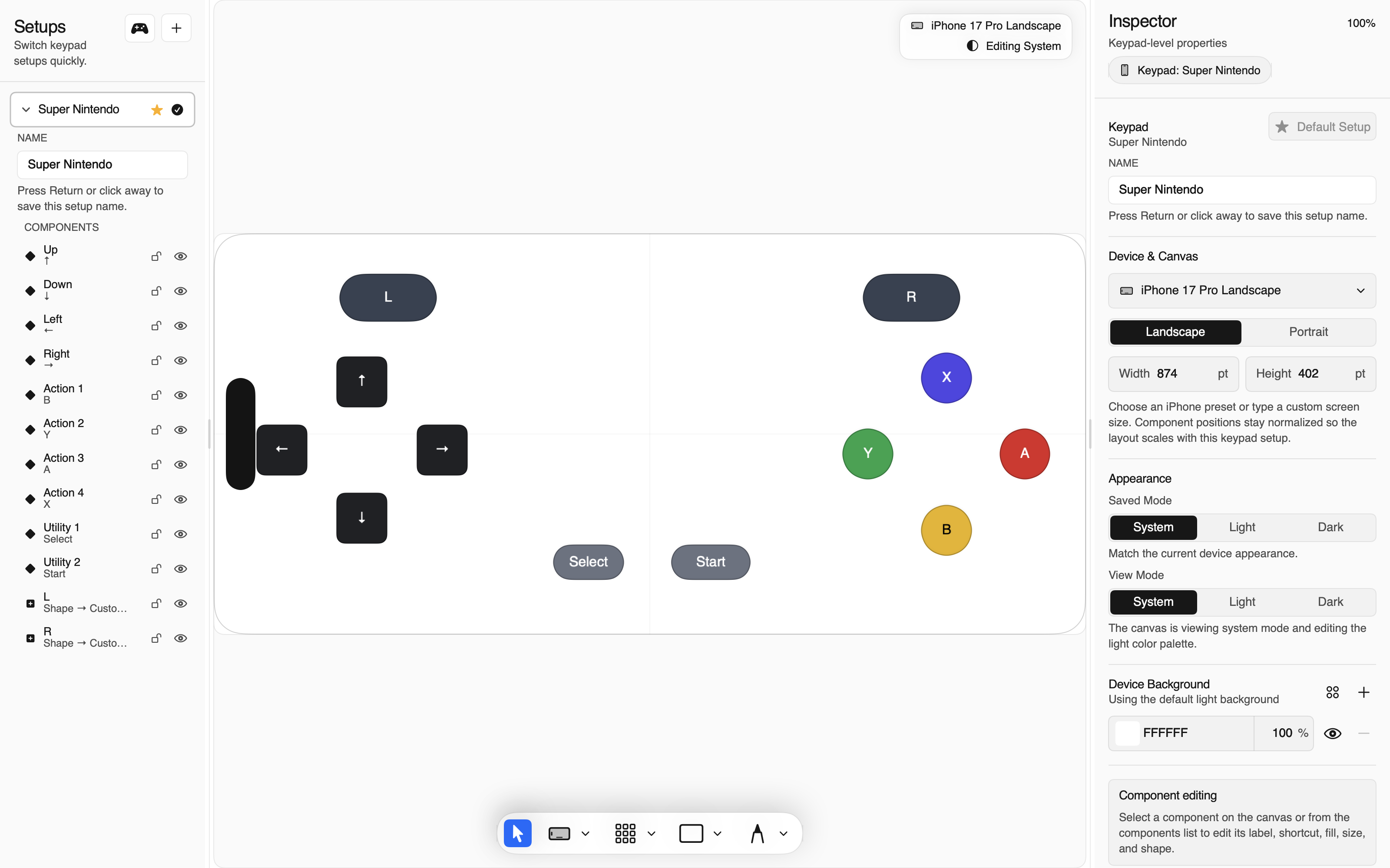 Thumble Mac keypad editor showing a layout canvas and inspectors